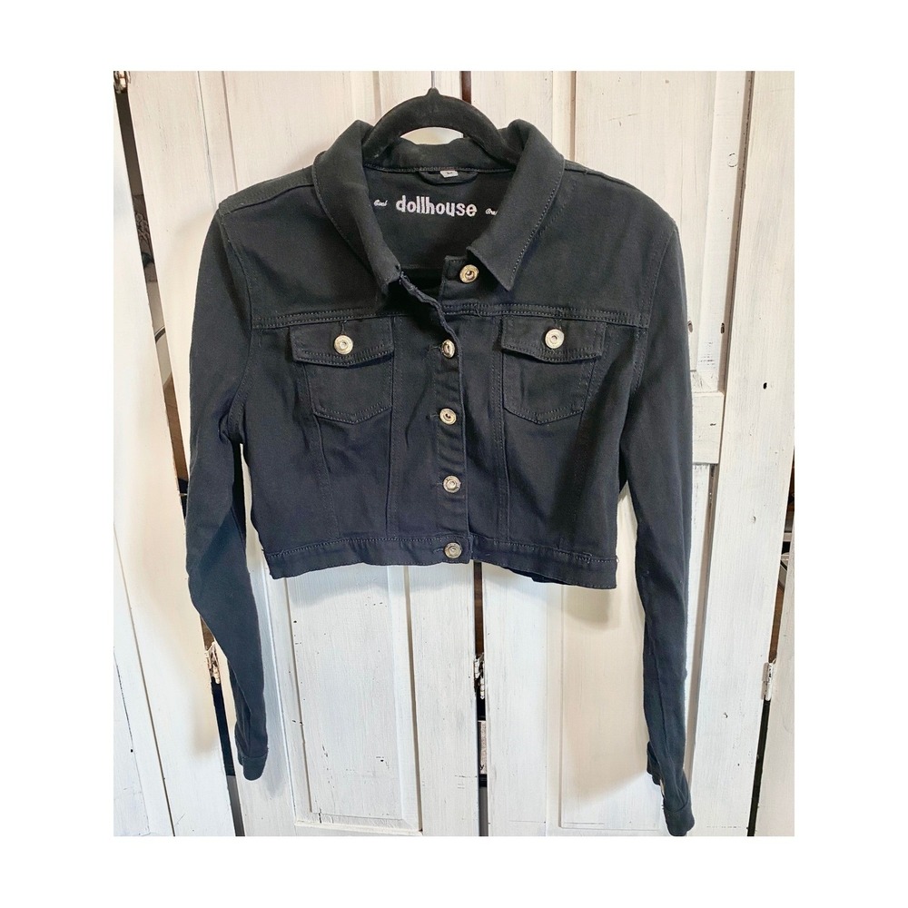 VTG Y2K DOLLHOUSE Cropped Denim Jacket‎ Size L Black Stretch Emo Indie Sleaze